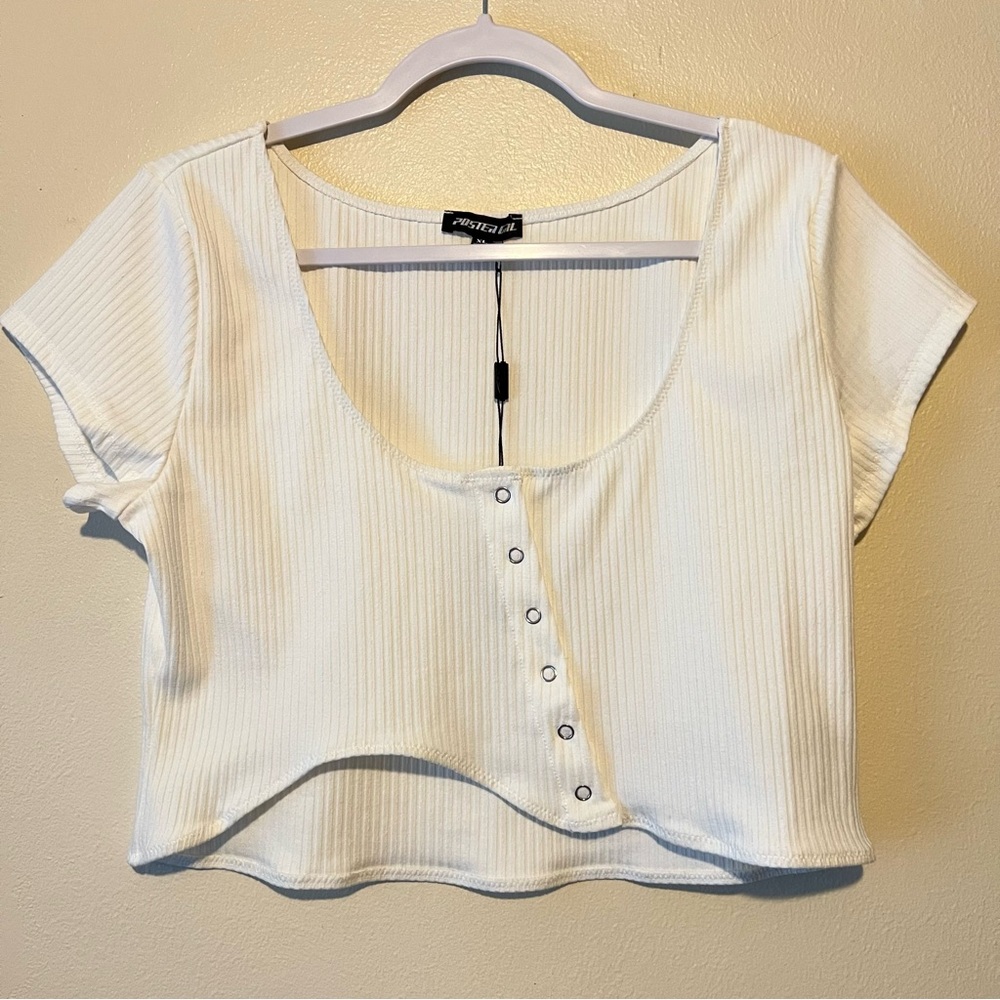 NWT Dolls Kill Poster Grl Brand White Ribbed Asymmetrical Button-Up Top